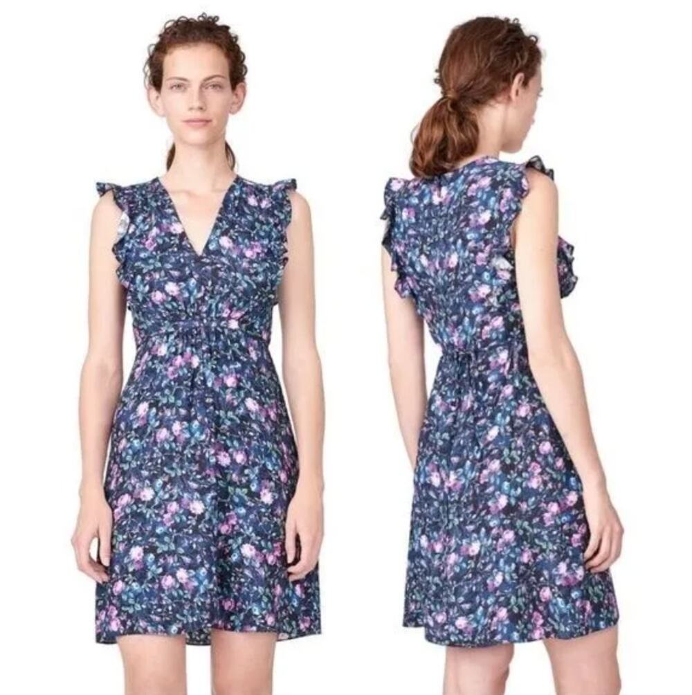 Rebecca Taylor Blue 4 Belted Mini Dress Silk Ruby Floral V-Neck Ruffle Hammered